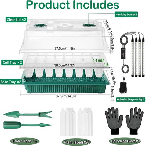 Serre pour Plantes kit,2 Pièces 80Cells Plateau de Semis,Kit de Culture Serre avec LED luminosité réglable,Température et humidité réglables,Avec étiquettes de plantes,outils de jardinage,gants (1/5)