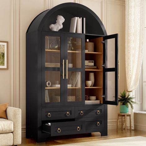 Buffet haut à 3 portes vitrées, 4 tiroirs et niche ouverte, 110x40x185 cm, MDF et panneaux de particules noir
