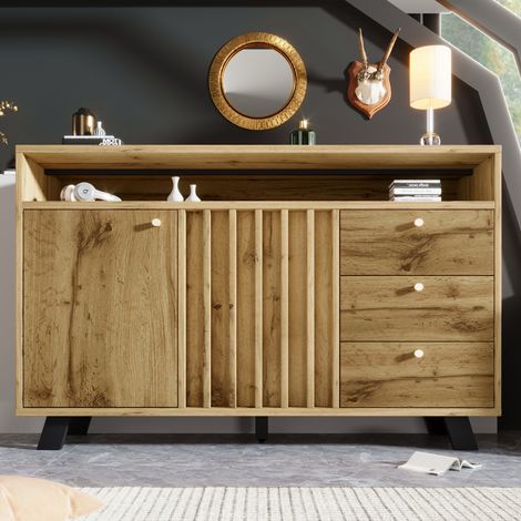 Buffet 120x85cm - Façade à Lamelles - 2 Portes (Étagère Réglable) et 3 Tiroirs - Charnières Métal et Aimants - Pieds Réglables - Capacité 50kg - Chêne Foncé