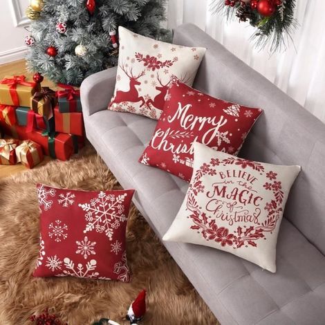 Lot de 4 housses de coussin décoratives de Noël en forme de cerf - Pour salon-Coussin de canapé-Coussin d'extérieur-45 x 45 cm (1/4)