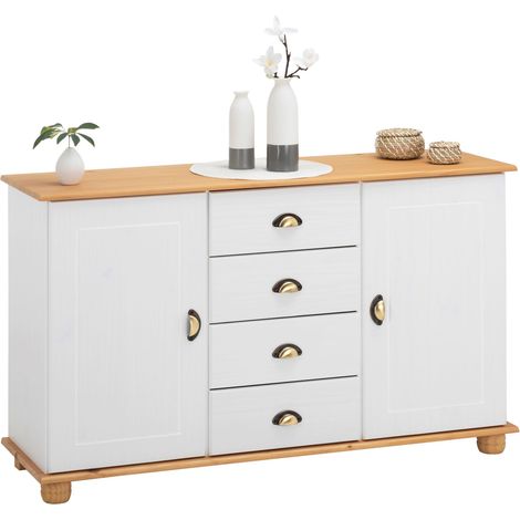 Idimex – Buffet salon Colmar 133 cm en bois massif – 4 tiroirs et 2 portes battantes – Lasure blanche et brune – Style classique avec poignées vintage