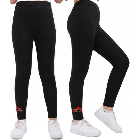 Mädchen-Leggings, Beine, Hose, schwarz, gestickte Rosen, 176 H005R