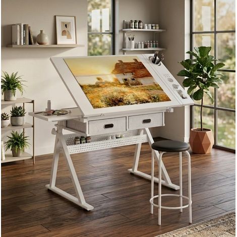 Tavolo da disegno regolabile bianco con 2 cassetti e sgabello OKWISH (1/5)