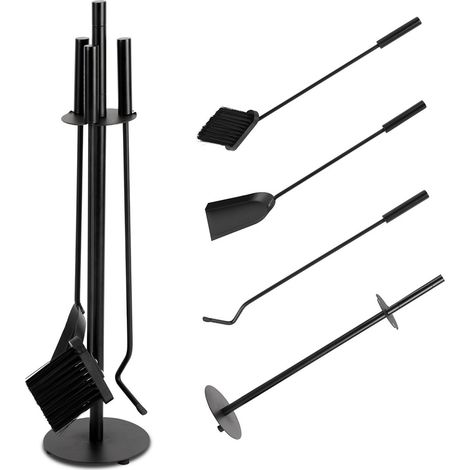 Jiubiaz Juego de herramientas para chimenea 3 piezas negro con cepillo, pala, atizador, soporte redondo (1/5)