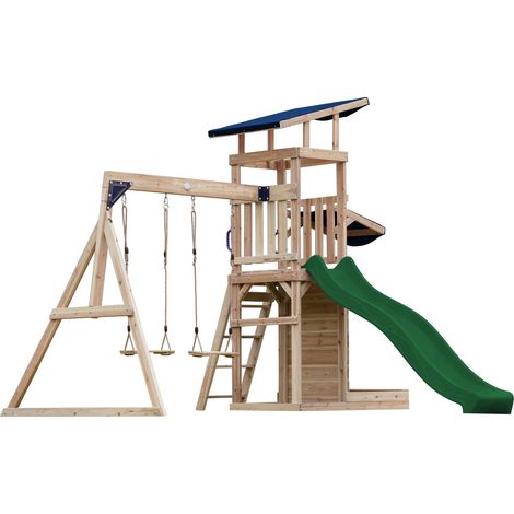 Axi Malik Aire De Jeux En Bois Avec 2 Balançoires, Toboggan Vert/ Aire De Jeux Extérieur, Bac À Sable, Mûr De Jeux/Toboggan Avec Raccordement À Eau  Portique Balançoire/Jeux En Bois Extérieur