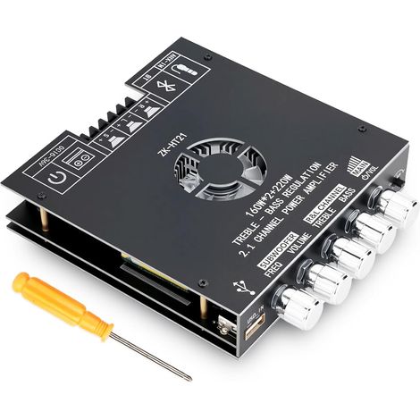 Module Amplifi HiFi 2.1 Canaux avec Bluetooth, 160Wx2 + 220W Caisson de basses, Amplificateur Stéréo Numérique Mini, Puce TDA7498E, Entrées BT 5.0/USB/AUX, DC 15-36V, Carte Son ZK-HT21 pour Home Ciném