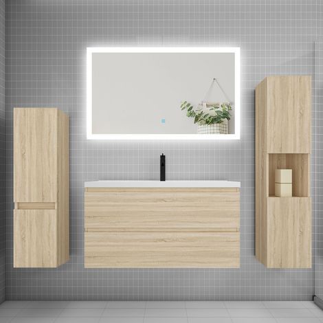 Ensemble meuble de salle de bains 100cm, simple vasque et colonne et LED miroir rectangulaire,chêne (1/5)