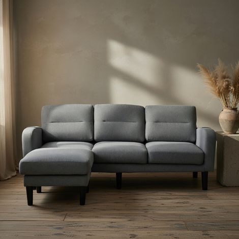 Canapé d'angle en L, 3 places avec méridienne, poches de rangement sur les côtés, 10 pieds, gris (1/5)