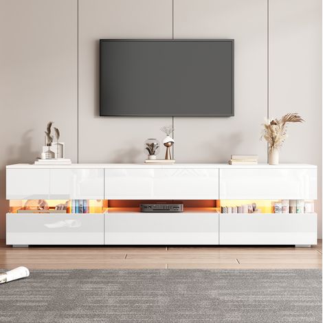Mueble TV 160 x 39 x 45 cm con LED, 2 puertas, 1 cajón y nicho abierto, blanco brillo OKMYHOME (1/5)
