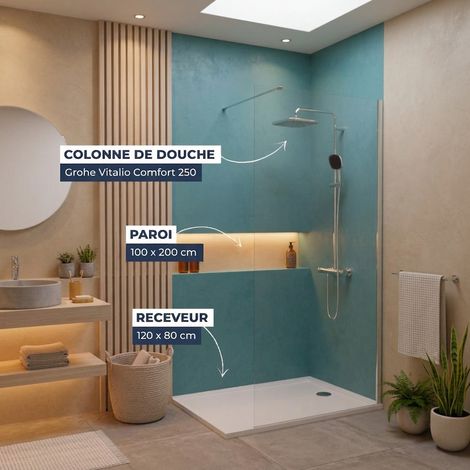 Dusch-Komplettset – Walk-In Duschwand 100x200 Chrom + Grohe Vitalio 2 Strahlarten + Gussmarmor-Duschwanne Weiß 120x80
