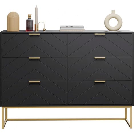 Kommode mit 6 Schubladen, schwarz, Metallfuß, Highboard, Beistellschrank (1/5)