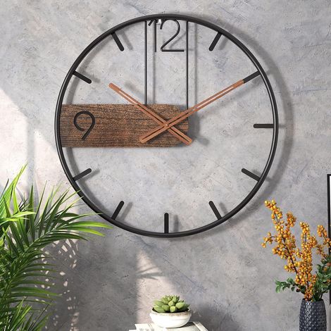 Grande horloge murale vintage - 40 cm de diamètre, cadre en métal - Fonctionne à piles, silencieuse (sans tic-tac) - Décorative pour le salon, la cuisine et la chambre - Noir et marron (1/5)