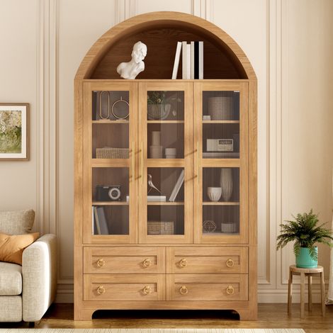 Buffet haut de cuisine 110x40x185 cm Naturel - avec vitrine portes en verre étagères réglables et niche arquée - meuble de rangement moderne (1/5)