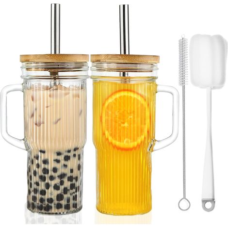 Gobelet 24 oz Verre avec Poignée, Couvercle Bambou & Paille