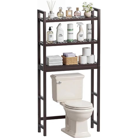 Étagère de Rangement pour Salle de Bain, étagère de Rangement pour Toilettes en Bambou, économiseur d'espace de Toilette autoportant avec étagères réglables à 3 Niveaux (Brun foncé) (1/5)