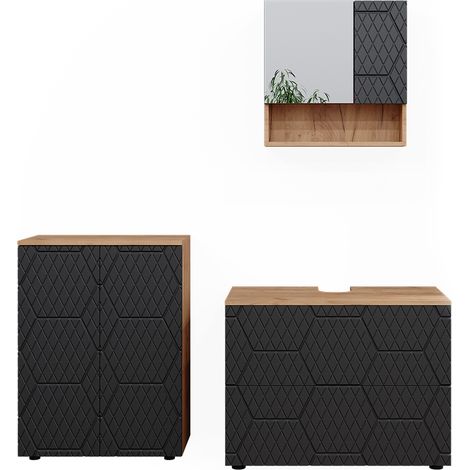 Conjunto de muebles de baño Irma, Rayas antracita, 3 partes, con base de 80 cm, Vicco