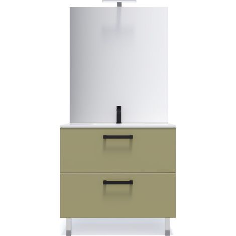 Meuble de salle de bain suspendu avec pieds vasque intégrée 90cm 2 tiroirs Vert olive + miroir - Chelsea (1/5)