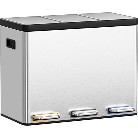 Mülltrennsystem 3×15L aus Stahl, Mülleimer 3 Fächer mit farbcodierten Pedalen, Abfalleimer mit Soft-Close-Deckeln und Inneneimern, Silber (1/5)