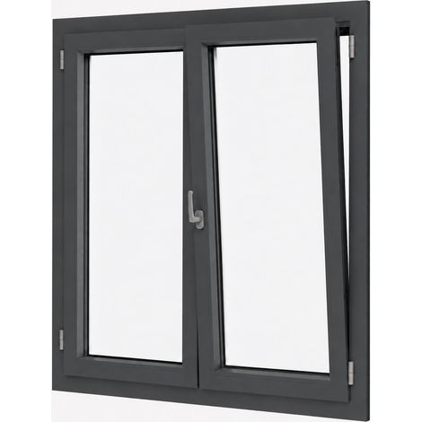 Fenêtre PVC 2 vantaux H 125 x L 140 cm OB anthracite pour pose en neuf avec poignée (1/5)