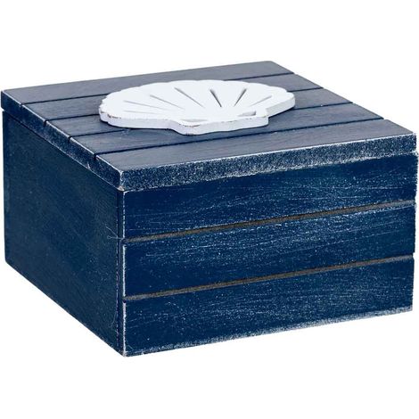 Caja de madera decorativa con concha azul 13.5x13.5x9h cm