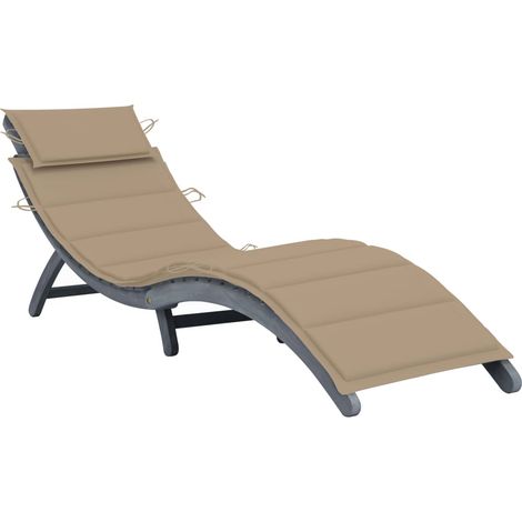 Transat chaise longue bain de soleil lit de jardin terrasse meuble d'extérieur 190 cm avec coussin gris bois d'acacia solide (1/5)