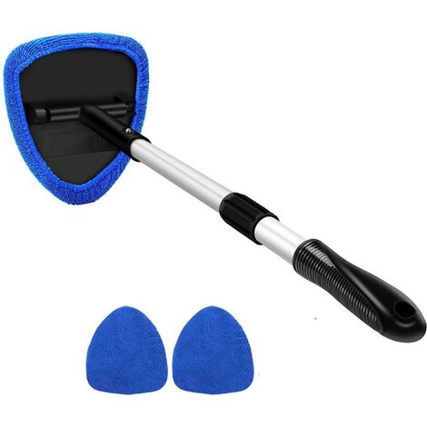 Outil de nettoyage de pare-brise de voiture en microfibre avec 2 tampons en microfibre réutilisables et lavables et poignée extensible Kit d'essuie-glace intérieur automatique, bleu