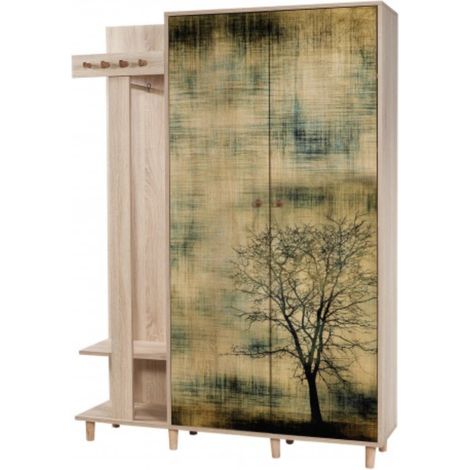 Meuble d’entrée avec armoire et porte manteaux bois clair Kiza 729 (1/5)