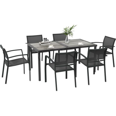 7-teilige Garten-Essgruppe mit 1 Tisch und 6 stapelbaren Stühlen aus dunkelgrau epoxidbeschichtetem Metall und Textilene