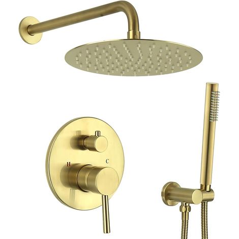 Shower System 8-Inch Concealed Brushed Gold Shower Set 2-Modes Square Rainfall Shower Head with Handheld Including Rough-in Valve Body and Trim Mixer Rain Shower Kit (1/5)