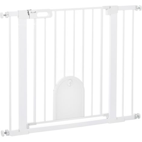 PawHut Dog Gate with Cat Flap Pet Safety Gate Barrier, Stair Pressure Fit Black 76x103 cm