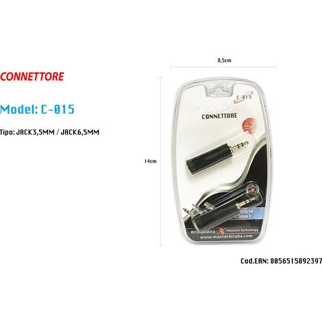 TRADE SHOP - Connettore Adattatore Stereo Jack 3.5mm Maschio - Jack 6.5mm Femmina Maxtech C-015 -
