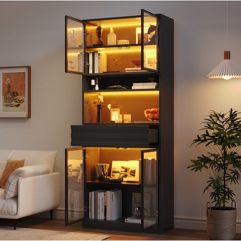 Vetrina espositiva 80x35x200 cm, illuminazione LED RGB controllabile da app, 4 ante in vetro, MDF nero (1/5)