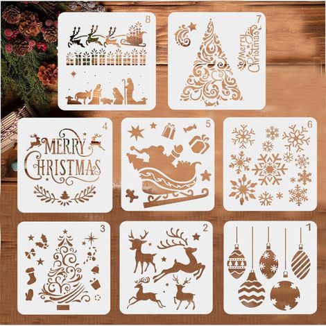 Lot de 8 pochoirs Noël, réutilisables, 13 cm, motifs festifs pour décoration murale, cartes et vêtements