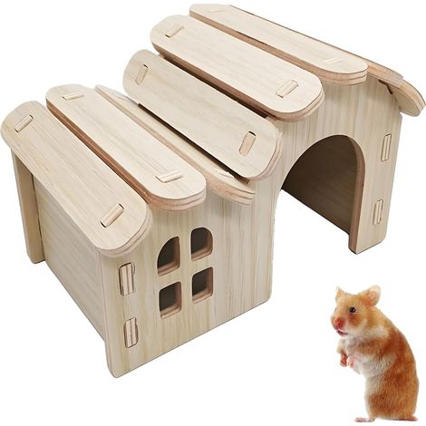 Maison en bois pour hamsters avec chambres partagées (16×13×12 cm) – Abri naturel et spacieux avec fenêtres pour hamsters, gerbilles et petits rongeurs
