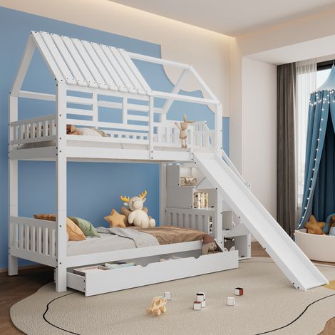 Letto a Castello 90x200 cm con Struttura in Legno e MDF, Include Scala e Scivolo (1/5)
