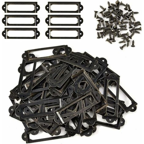 50 unidades de portatarjetas para estantes, cajones, armarios, tiradores y placas identificativas con tornillos, 60 x 17 mm, bronce antiguo, (1/4)