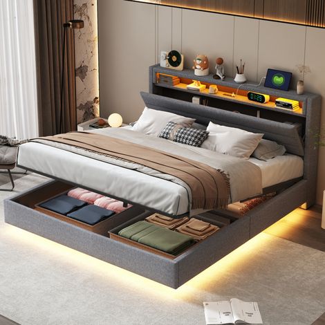 Cama tapizada 160/200 cm gris de lino con almacenaje hidráulico y LED (1/5)