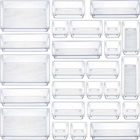 25 Organizer per cassetti trasparente con scatola portaoggetti in plastica di 4 dimensioni, organizer trasparente antiscivolo per trucchi per bagno, cosmetici, toeletta, cucina, ufficio (1/5)