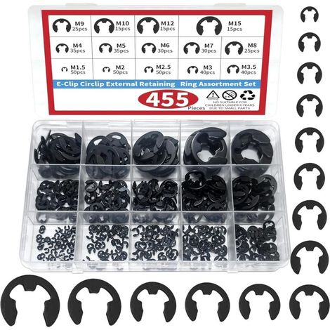 Pack of 455 E-clips, circlip set, E-clip circlip set, internal locking washers, assortment of external locking rings M1.2-M15 E for securing bearings and gears (1/5)