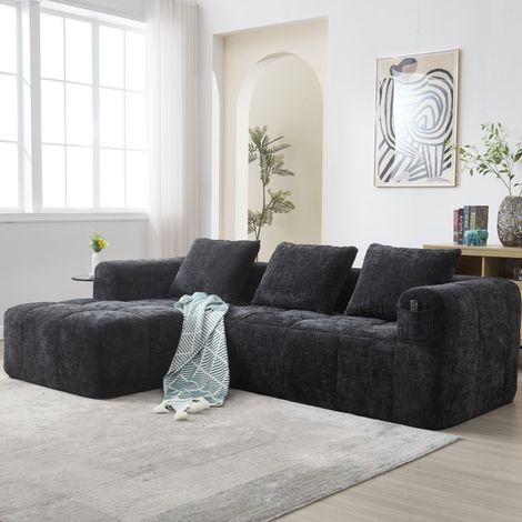 Canapé d'angle 3 places, canapé canapé en L, combinaison libre,tissu chenille noir, Pas de Montage nécessaire 250 × 158 × 60 cm