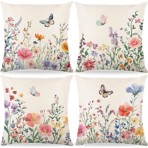 4 Pièces Housse De Coussin Fleurs 40x 40cm,Housses De Coussin à Fleurs Aquarelles,Housses D'oreiller,Taie D'oreiller En Lin,Housse De Coussin Papillon Et Oiseau,Pour Décoration Canapé Et Maison (C) (1/5)