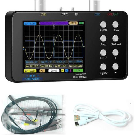 Kompaktes, tragbares Digitaloszilloskop mit 50 MHz Abtastrate und 10 MHz analoger Bandbreite – inklusive USB-Kabel und 2 Stück mit hoher Spannung und mehrfarbiger Anzeige.