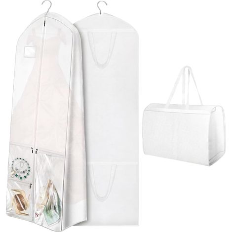 Sac à vêtements Long 180 x 60 cm, Sacs à vêtements Anti-Mites – Housse de Protection pour Costumes, Robe de mariée avec poignée, Housse Pliable avec Poches zippées, Blanc (1/5)