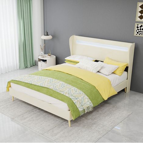 Bett modern gepolstert 140x200 cm Beige, Metallrahmen mit verstellbarem Kopfteil und LED (1/5)