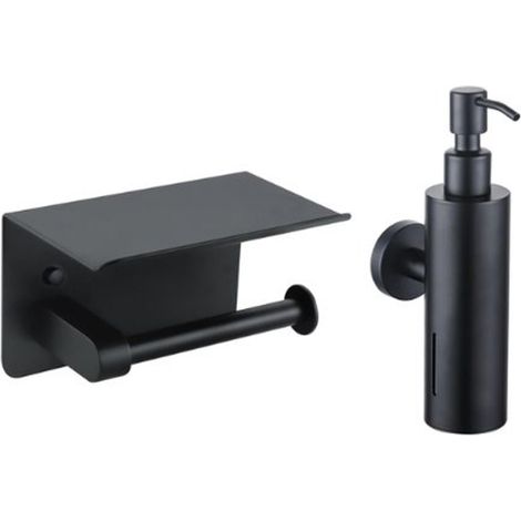 FugaFlow Eccelente Ensemble d'accessoires pour toilettes - distributeur de savon - porte-rouleau de papier toilette - avec plateau - noir mat
