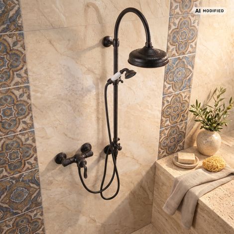 PaulGurkes Duschset Aufputz Retro Nostalgie Antik Schwarz Kupfer Regendusche (1/5)