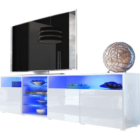 Dusine – Meuble TV Massimo 200 cm – Blanc mat et laqué acrylique – 2 placards et 2 niches – Épaisseur caissons 18 mm – Production européenne