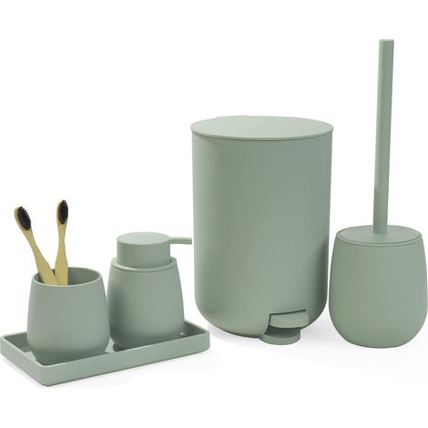 Lot de 5 Accessoires de Salle de Bain avec Petite Poubelle, Porte-Brosse à Dents, Distributeur de Savon, Coiffeuse, Brosse WC et Support, Vert (1/5)