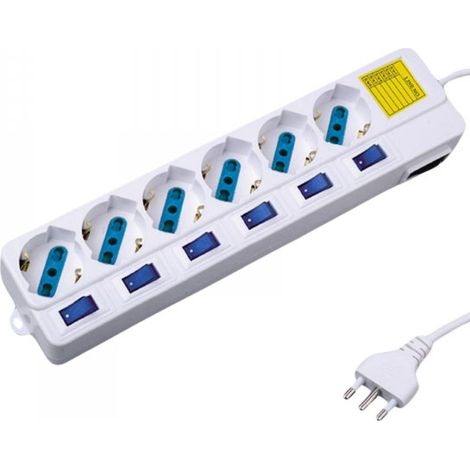 Multipresa Ciabatta Elettrica Con 6 Posti Prese Schuko 10/16A + 7 Interruttori On Off Indipendente Cavo Da 1,5 Metri