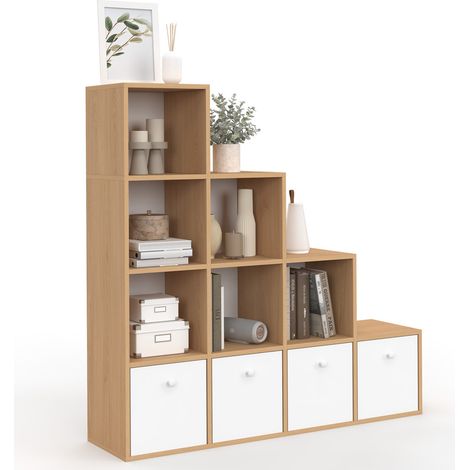 Treppenförmiges Aufbewahrungsmöbel LORYS 4 Ebenen aus Holz und Weiß mit 4 Schubladen aus Stoff (1/5)